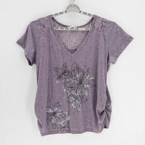 Maurices True Y2K purple vneck floral beaded graphic Ruched Sides Size 3X top